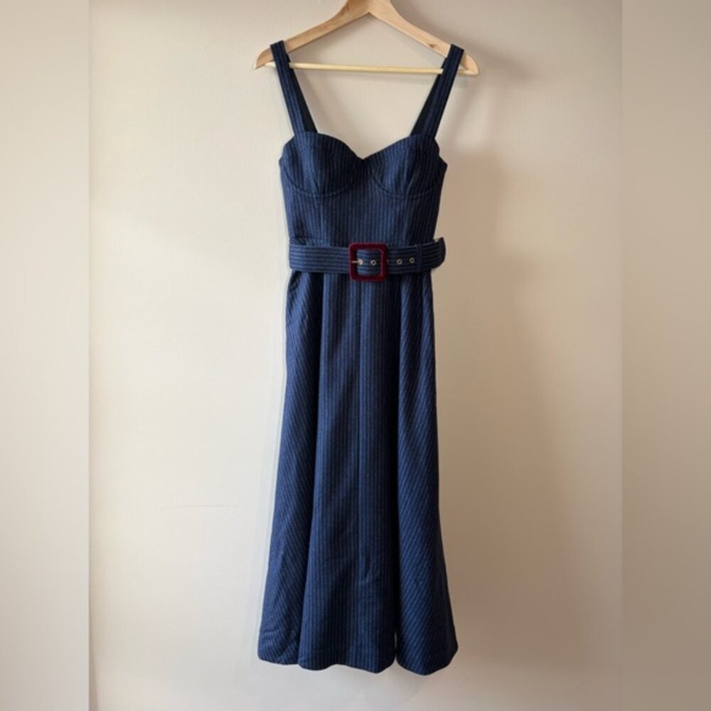 NEW Cara Cara Calypso Belt Bustier Midi Dress Navy Chalk Pin Stripe US 6 UK 10 - Picture 5 of 14